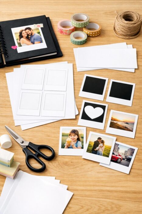 Printable Polaroid template sheets with photo paper, scissors, scrapbook album, washi tape, and cut-out photo frames.