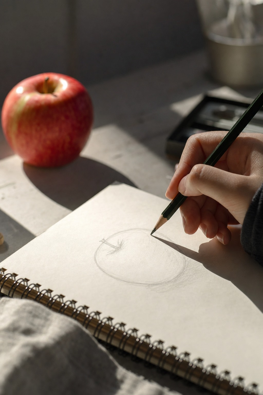 Hand sketching an apple from a still life reference photo with visible light and shadow