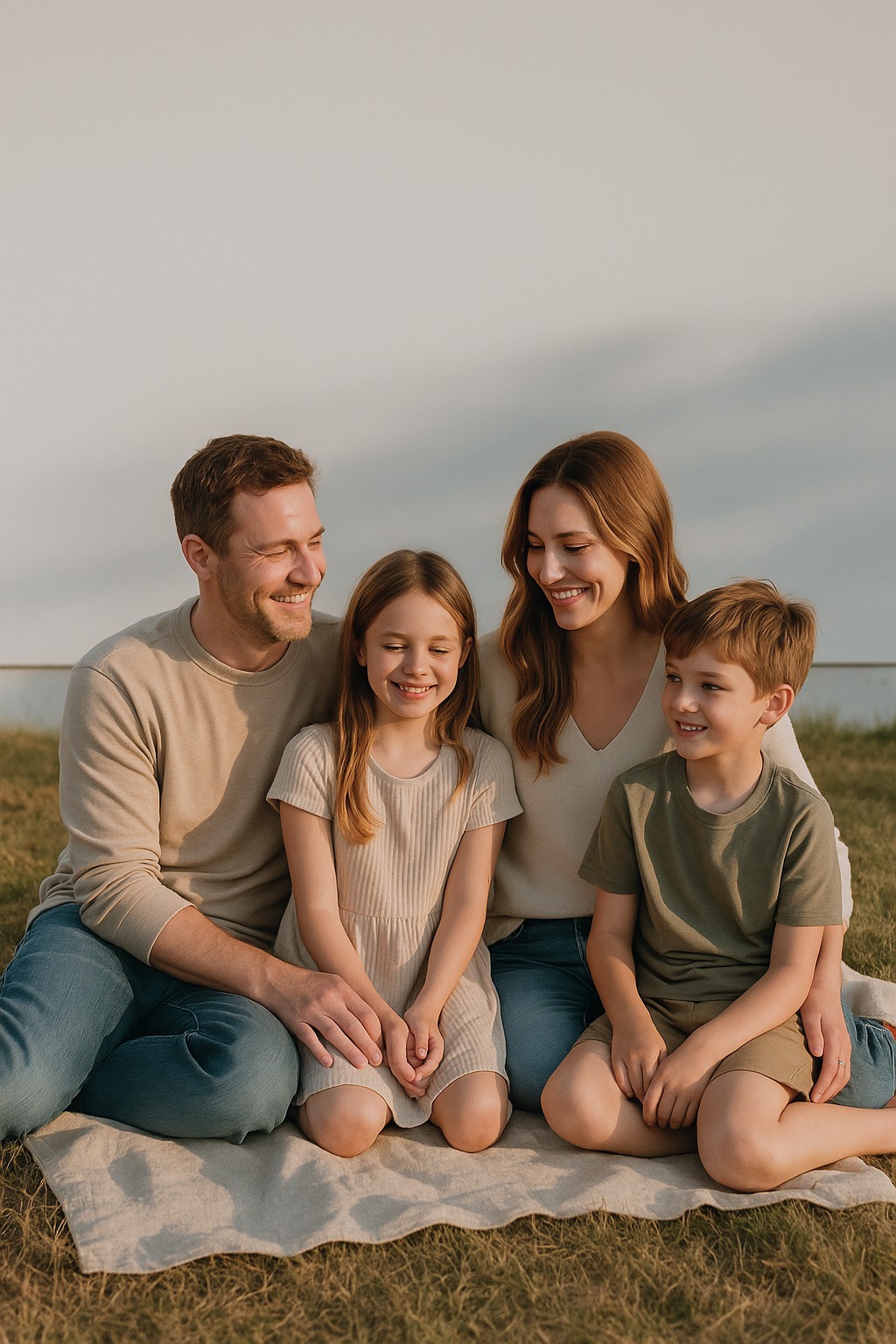 Relaxed family on a blanket in soft golden light with a clean background, outdoor family photo tips
