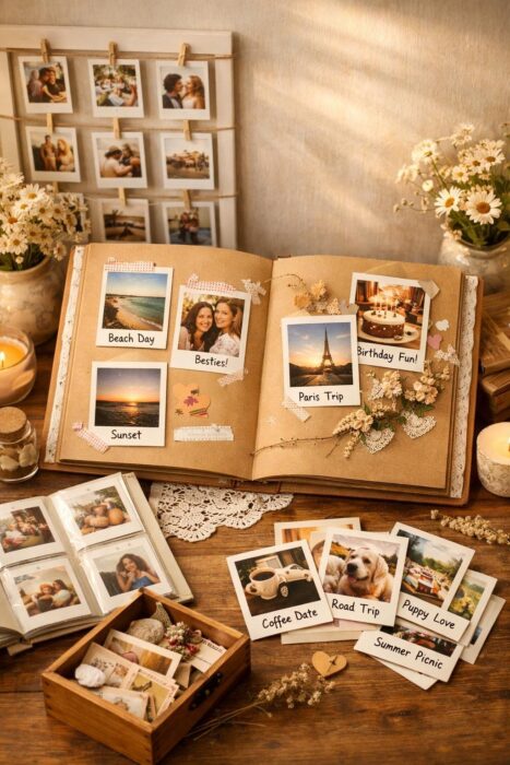Cute Polaroid picture ideas saved in a scrapbook, wall display, mini album, memory box, and captioned instant photo stack.