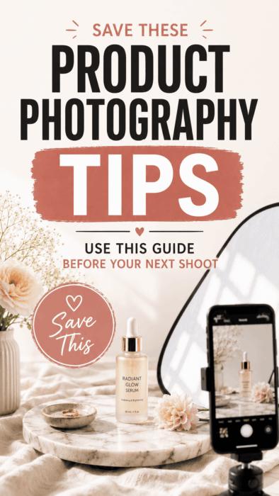 Image of a mobile phone on a tripod setup to take a product photo. Text overlay reads "save these product photography tips."