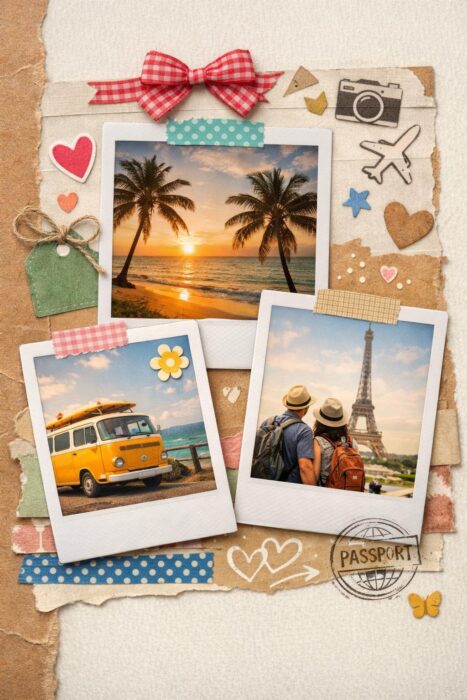 Scrapbook Polaroid frame layout with washi tape, stickers, paper textures, doodles, and memory photos.