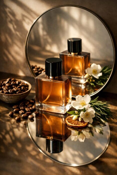Creative product photography scene with mirror reflection, dramatic shadows, and ingredients styled around the product.