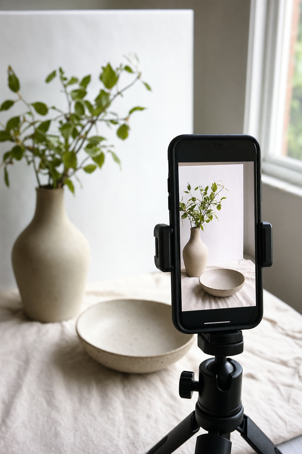 Smartphone on a tripod photographing a still life setup near a window for reference photos