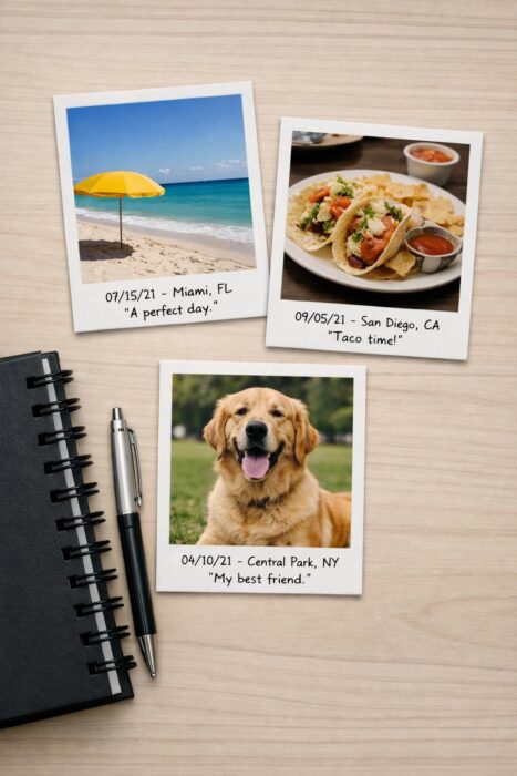 Polaroid-style frames with short captions, dates, and locations in the bottom border for clean aesthetic edits.