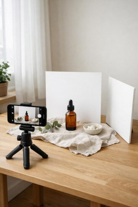 Beginner-friendly product photography setup at home with window light, white background, props, phone tripod, and reflector board.