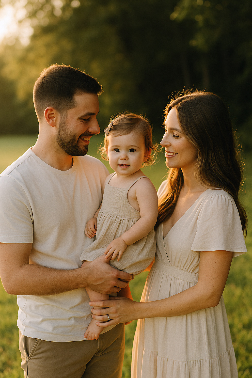 Family lit by soft golden-hour light at the edge of a tree line, outdoor family photo lighting