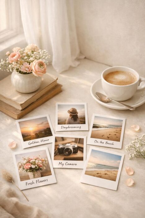 Aesthetic Polaroid pictures styled with soft light, neutral background, flowers, coffee, books, and handwritten captions.