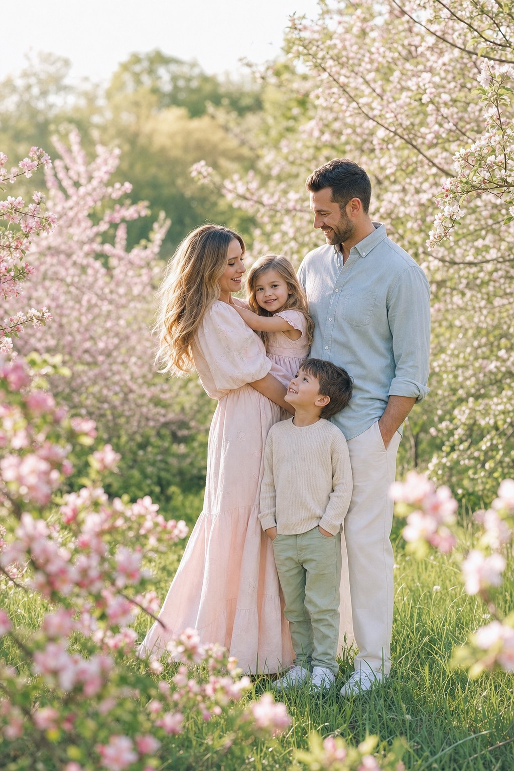 Family in pastels among spring blossoms and green grass, spring outdoor family photos idea