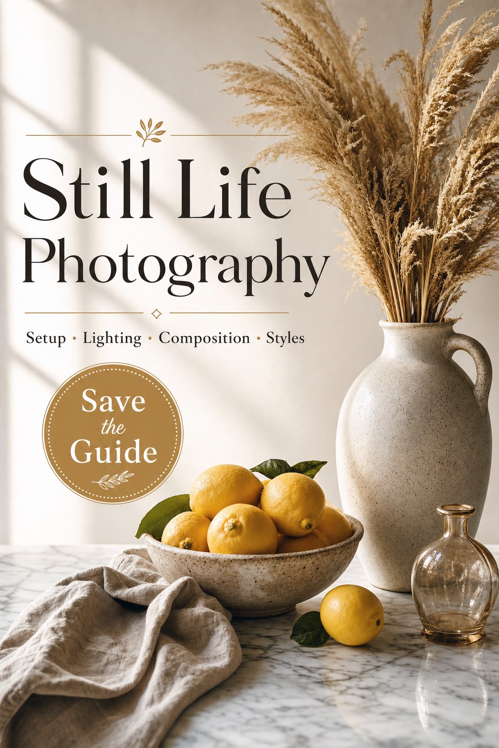 Still life photography setup with ceramics, lemons, and linen on marble, soft window light
