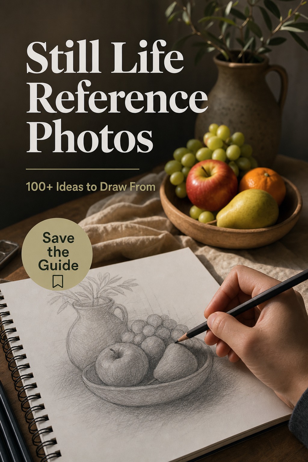 Hand sketching a fruit still life with the real arrangement behind it, still life reference photos