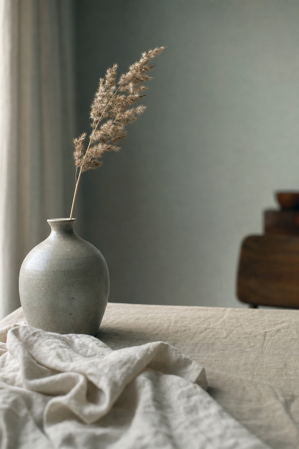 Still life composition showing foreground cloth, ceramic vase midground, and blurred background with depth