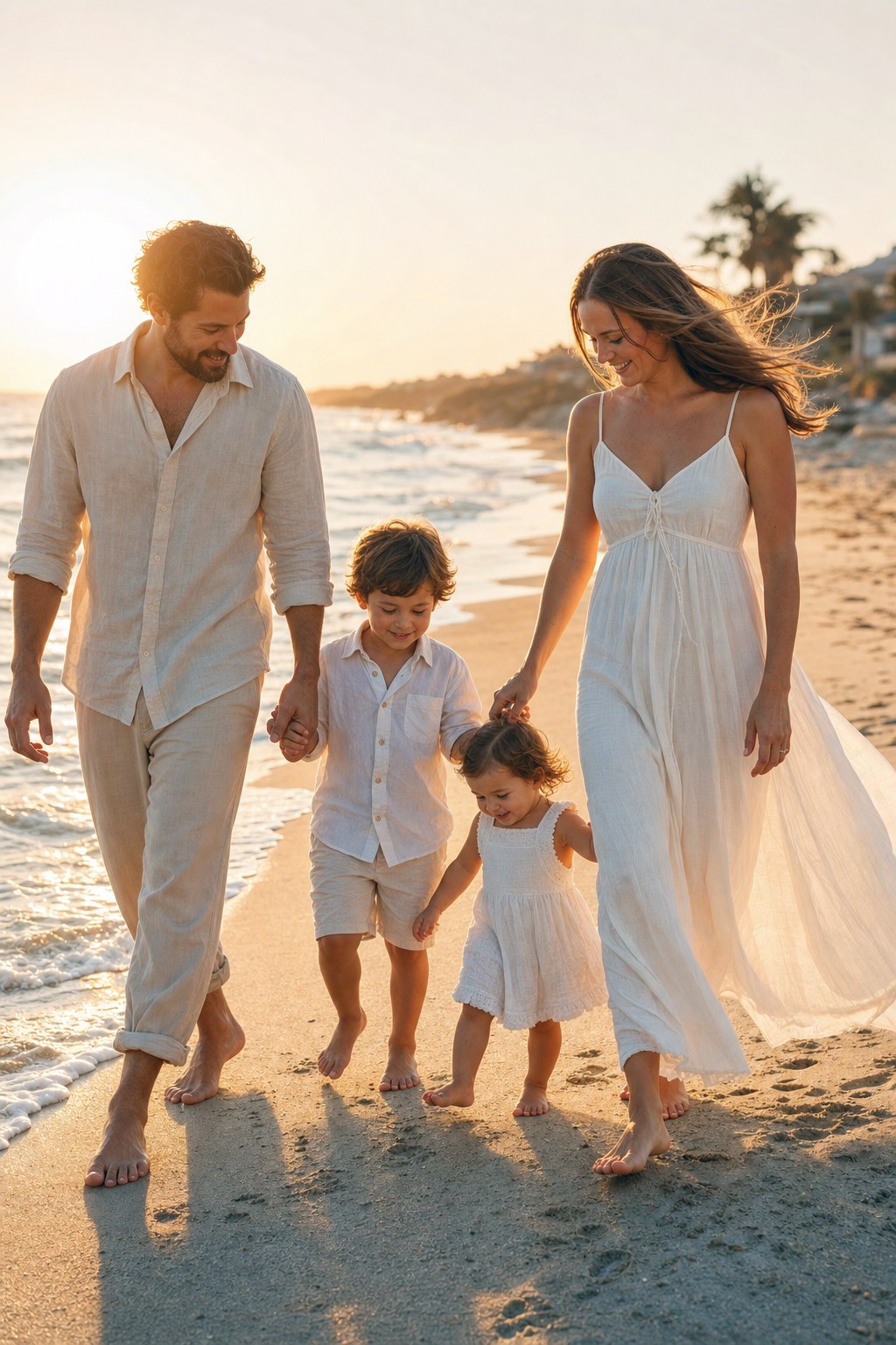 Barefoot family in linen walking a beach shoreline at sunset, summer outdoor family photos idea