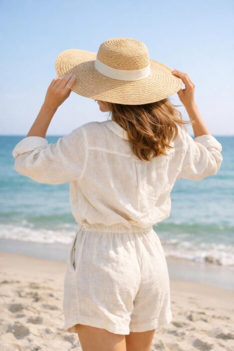 Beach pose holding a sunhat with soft coastal styling