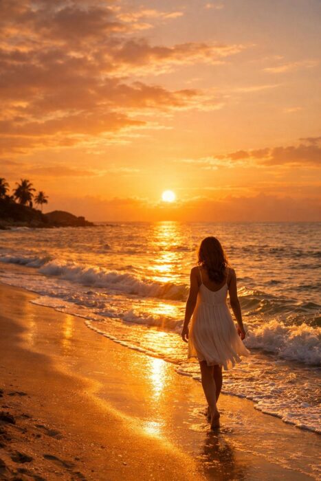 Sunset beach aesthetic photo with dreamy warm light