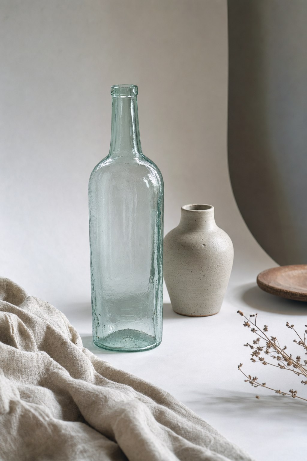 Tabletop still life vignette at 45 degrees with glass bottle, ceramic, and draped linen