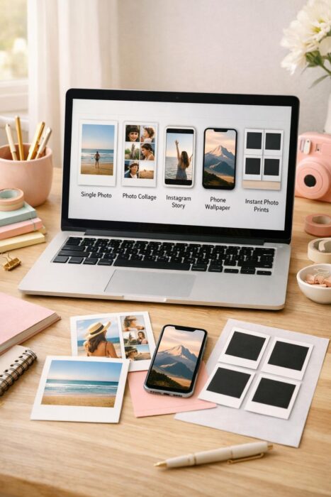 Polaroid frame template ideas shown on a laptop with collage, story, wallpaper, and printable layouts.