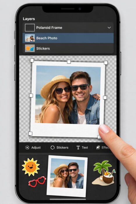 Polaroid frame PNG being layered over a photo in an editing app with resize handles and stickers.