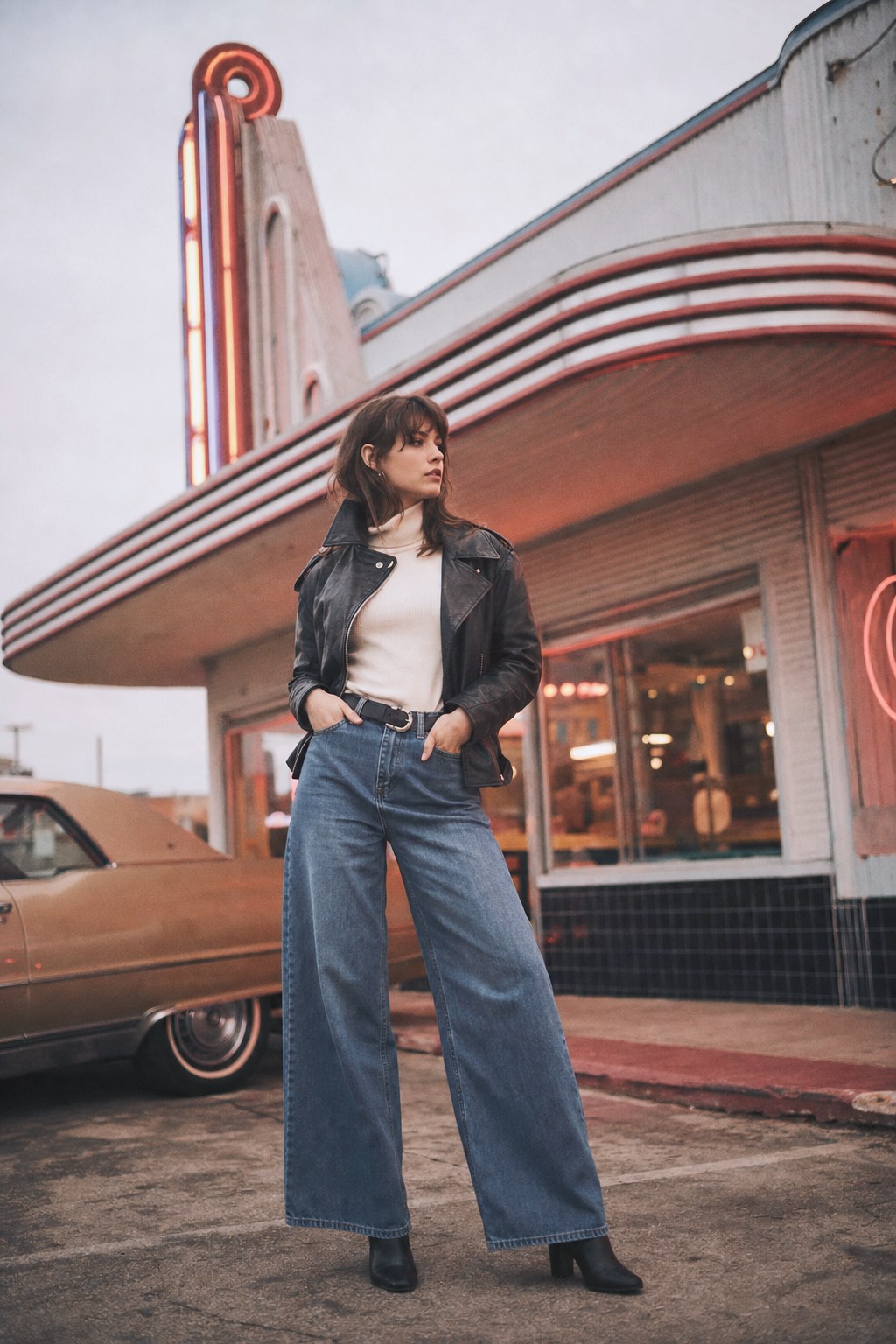 Woman in retro vintage outfit outside a diner for a film-inspired birthday photoshoot