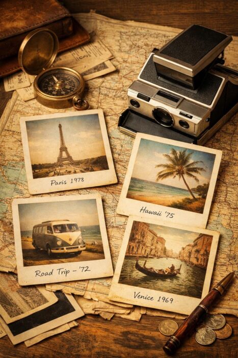 Vintage Polaroid-style frames with faded travel photos, handwritten captions, old maps, and retro film styling.