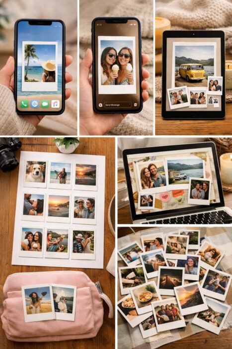 Different uses for Polaroid frame edits including phone wallpaper, Instagram story, Pinterest pin, printable sheet, and scrapbook.