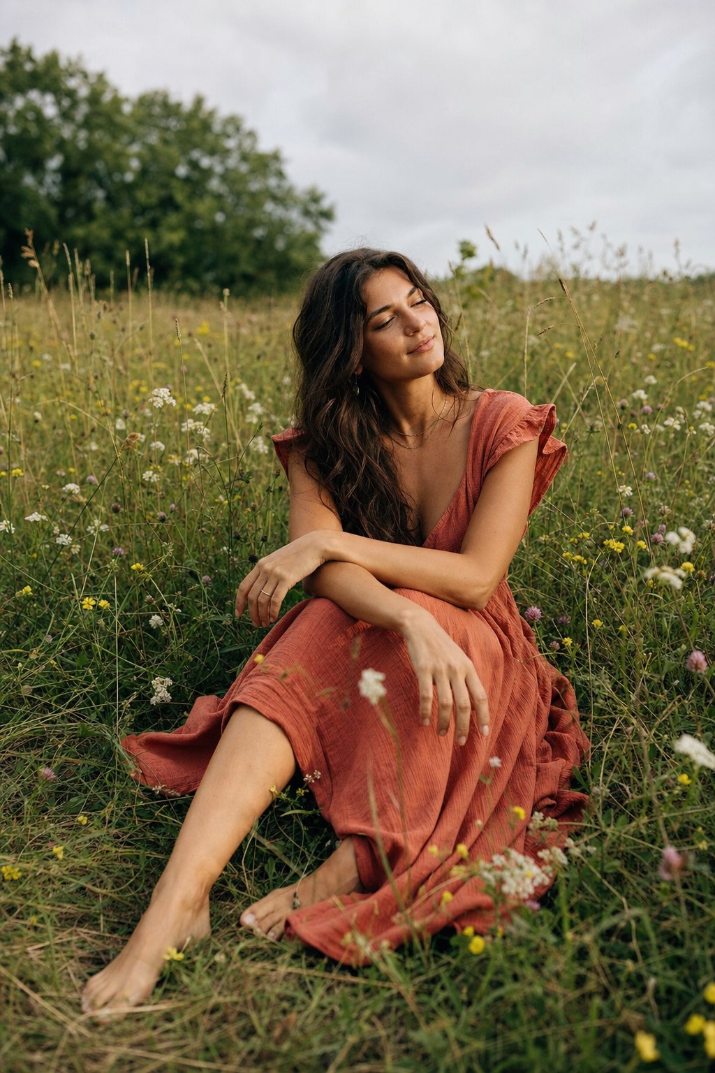 Woman in flowy dress sitting in a wildflower meadow for a natural birthday photoshoot