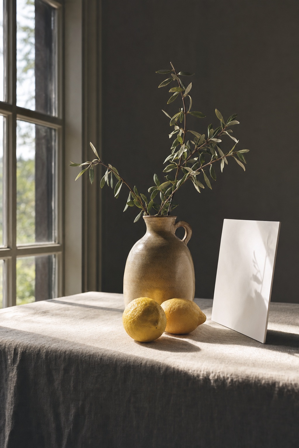 Still life lighting setup showing window side light on ceramics and lemons with fill card