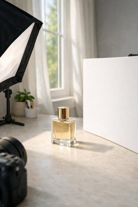 Product photography lighting setup with soft window light, side lighting, reflector board, and a product bottle on a clean surface.