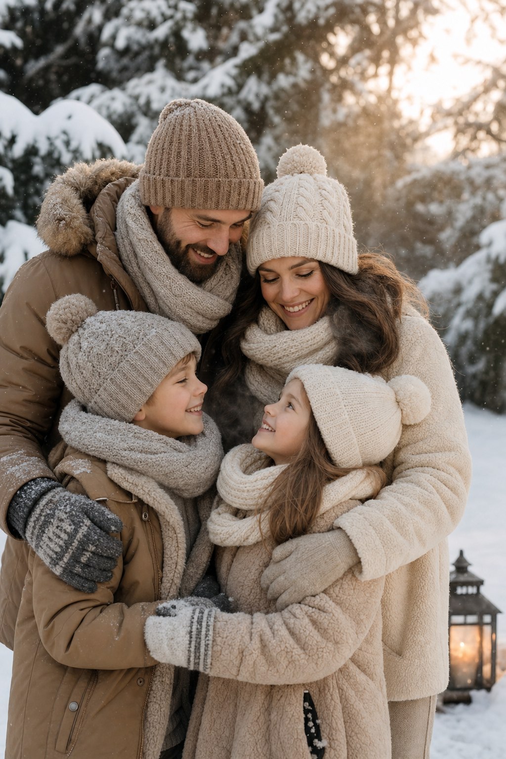 Family in cozy knit layers and scarves in a snowy landscape, outdoor winter family photos idea