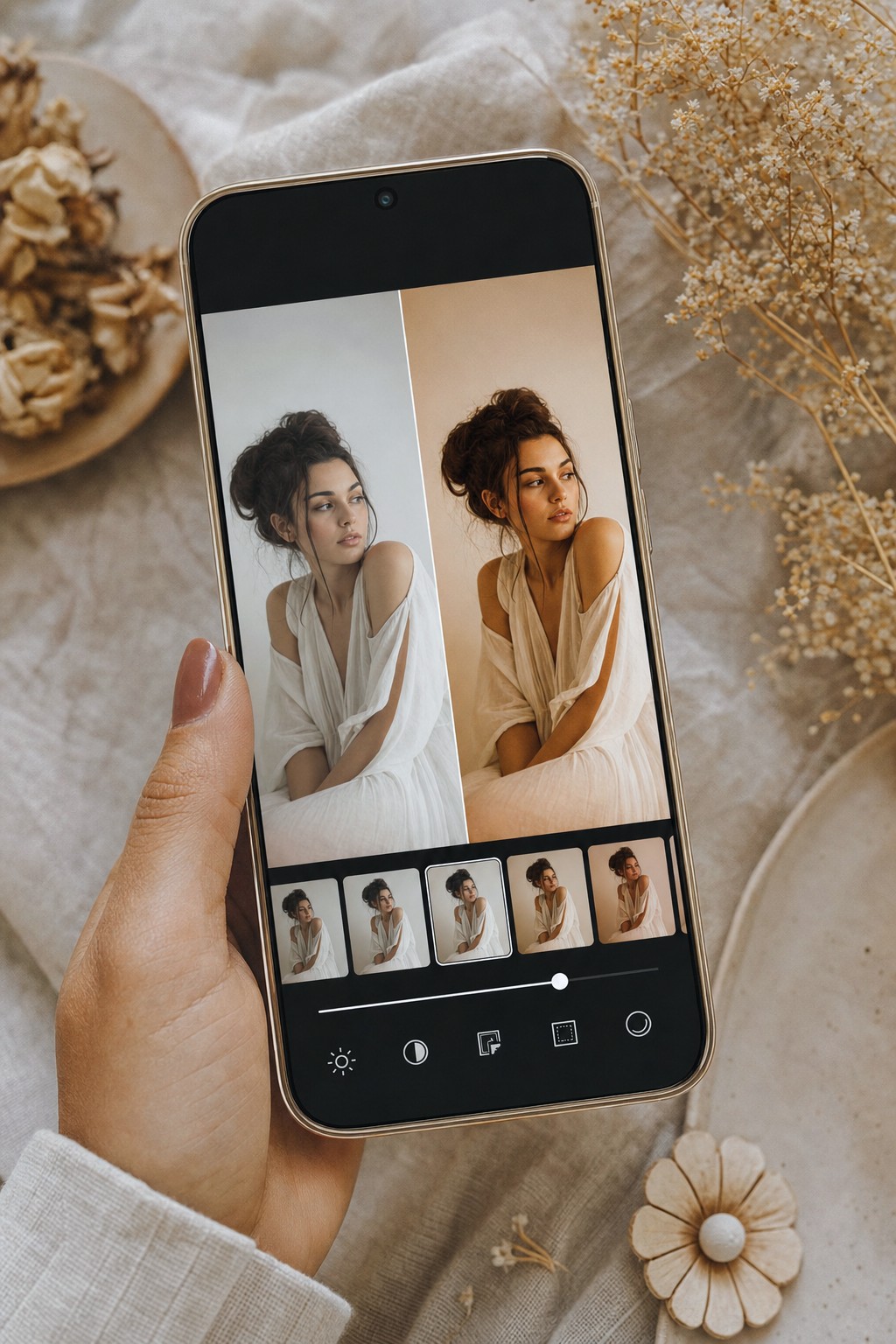 Before and after aesthetic filter edit of a portrait on an Android phone above linen and dried flowers