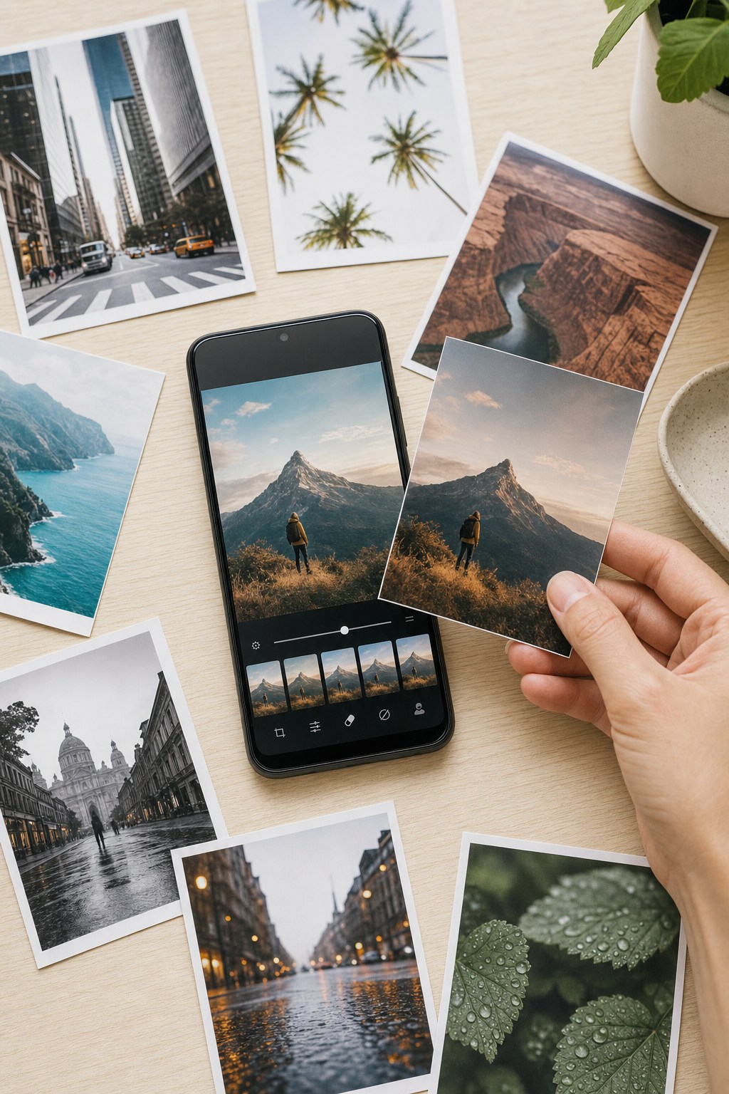 Android phone on a wood table beside printed photos in different editing styles, soft daylight