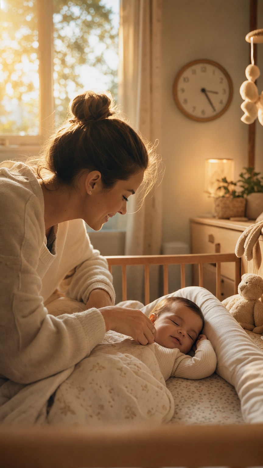 Parent lifting a rested baby from crib in warm late afternoon light before a photoshoot