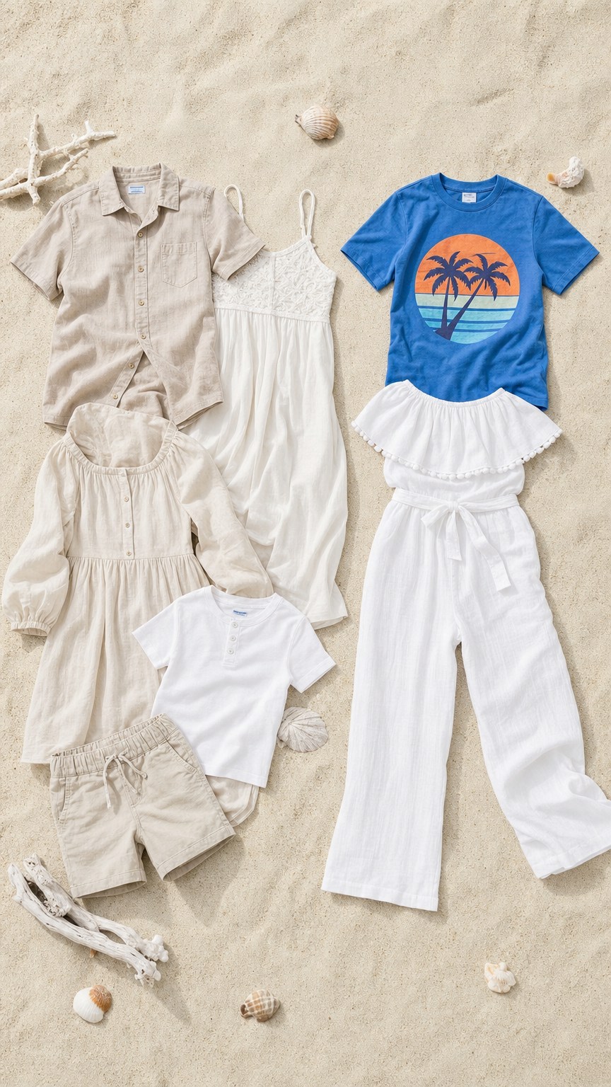 Beach outfit comparison flat lay of soft coordinated neutrals versus a bright graphic tee