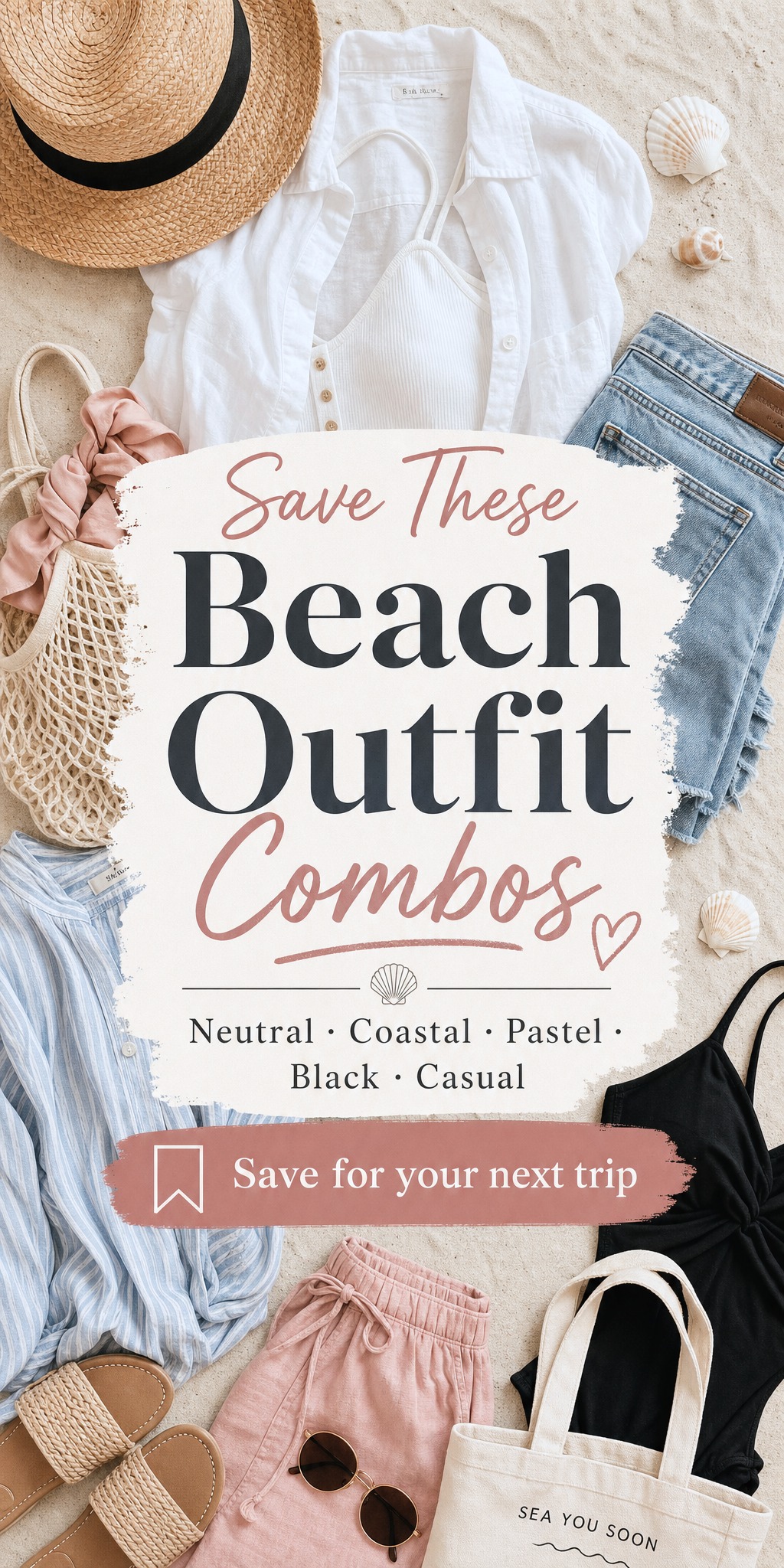 Flat lay of beach family outfit pieces in white, dusty blue, blush and sand, save pin