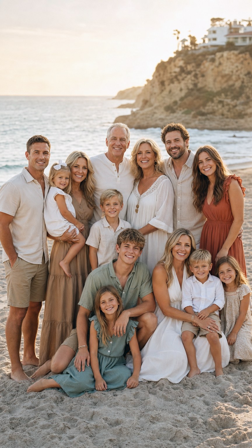 Extended family group in coordinated sand and cream beach outfits on the shoreline