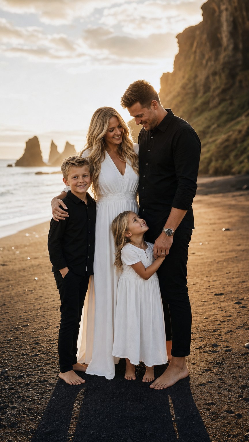 Family in black and white beach outfits standing on the sand at golden hour
