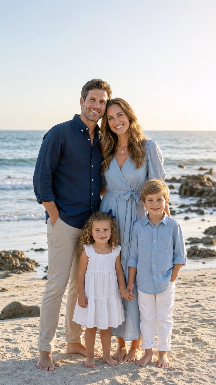 Family in navy, chambray and dusty blue beach outfits with the ocean and sky behind them