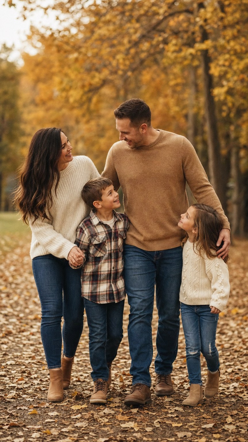 Family in casual fall outfits, jeans with cream and camel knits and a soft flannel in a park