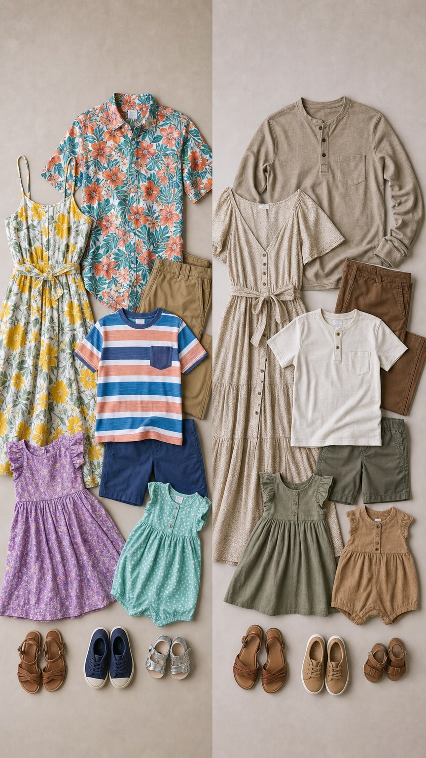 Comparison of a clashing patterned outfit flat lay next to a cohesive earth tone outfit flat lay