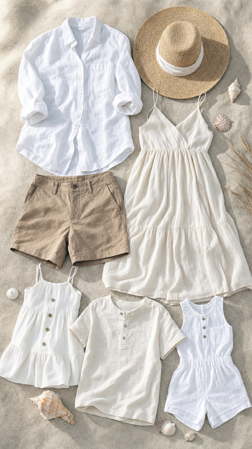 Beach family outfit pieces in white, cream and tan arranged as a coordination flat lay
