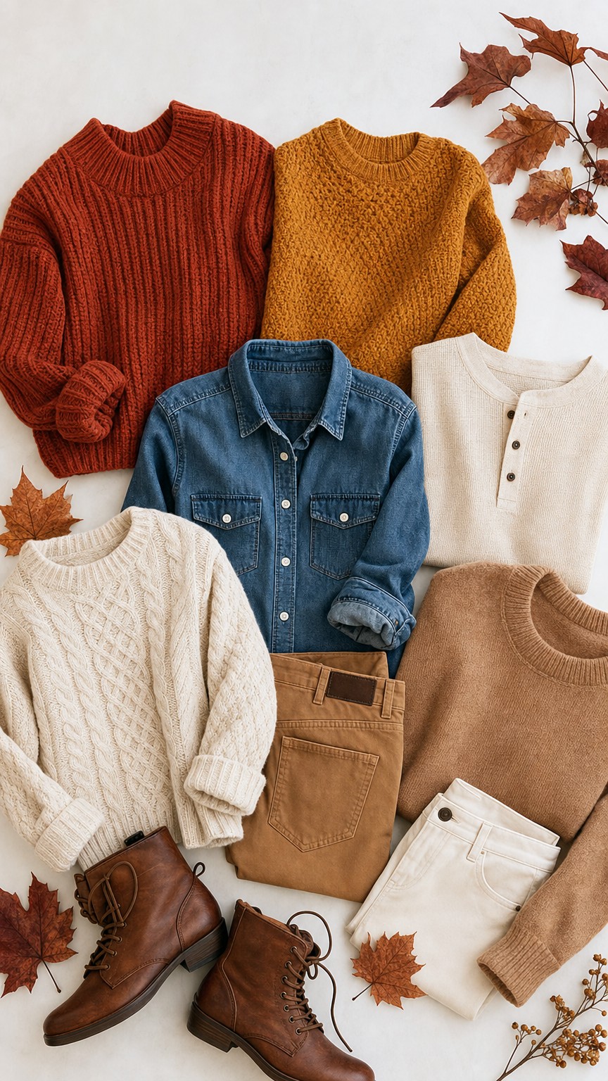 Fall family outfit pieces in rust, mustard, cream and camel arranged as a coordination flat lay