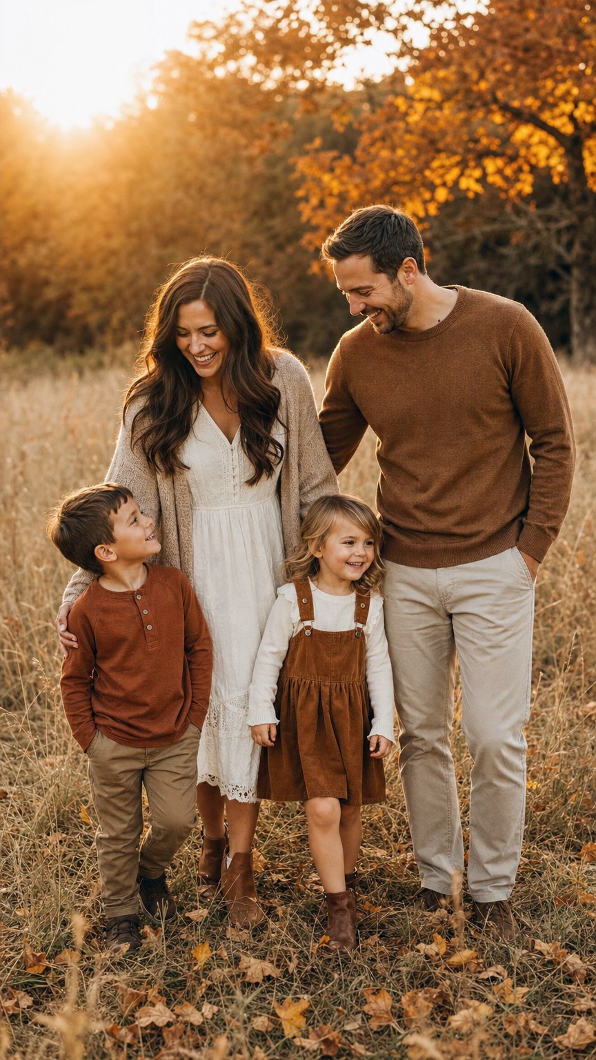 Family of four in earth tone fall outfits, rust, cream and camel in golden autumn light