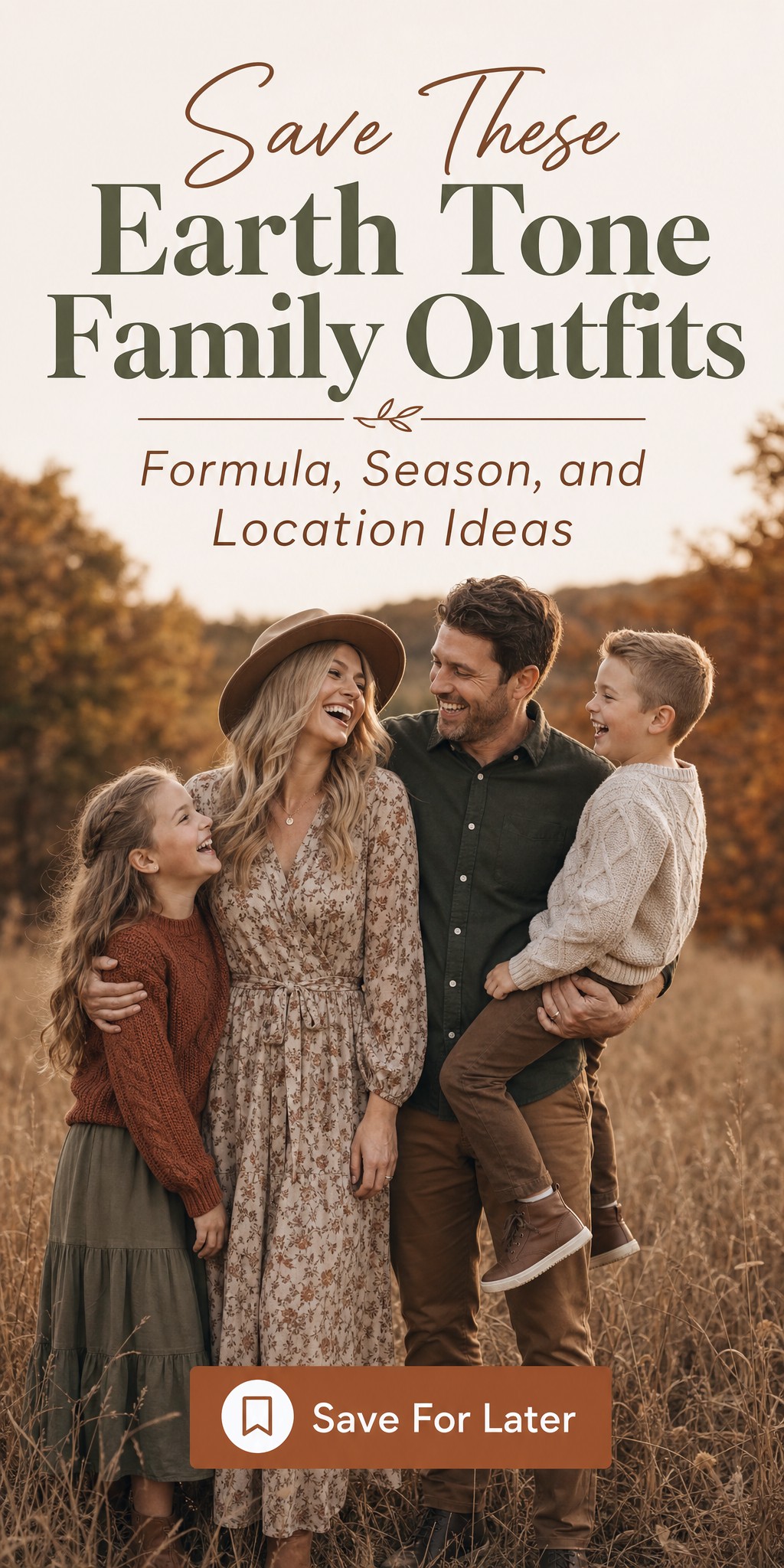 Family of four laughing together in coordinated rust and olive earth tone outfits in an autumn field