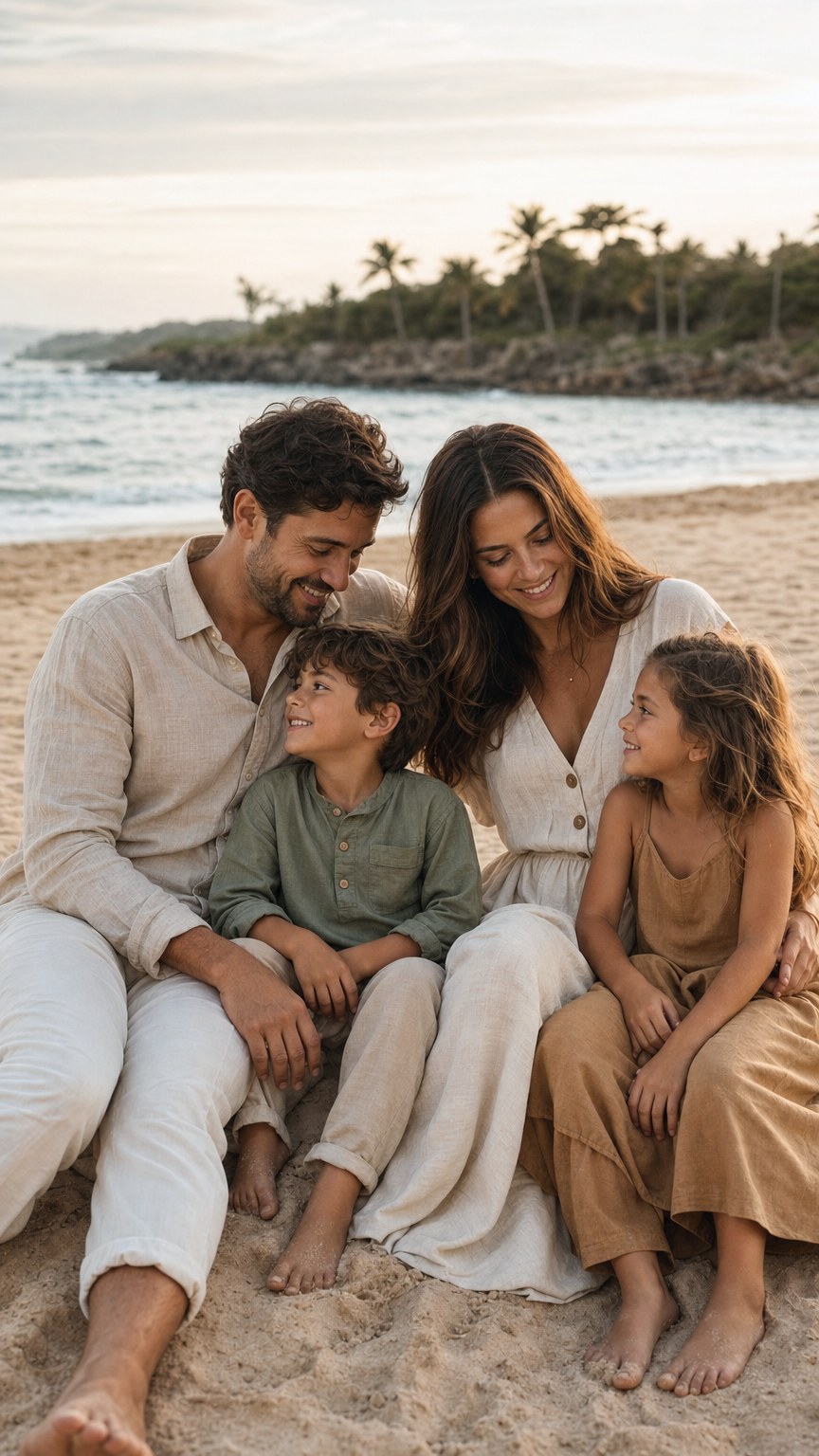 Family in cream, camel, and sage linen outfits sitting together on a beach at golden hour