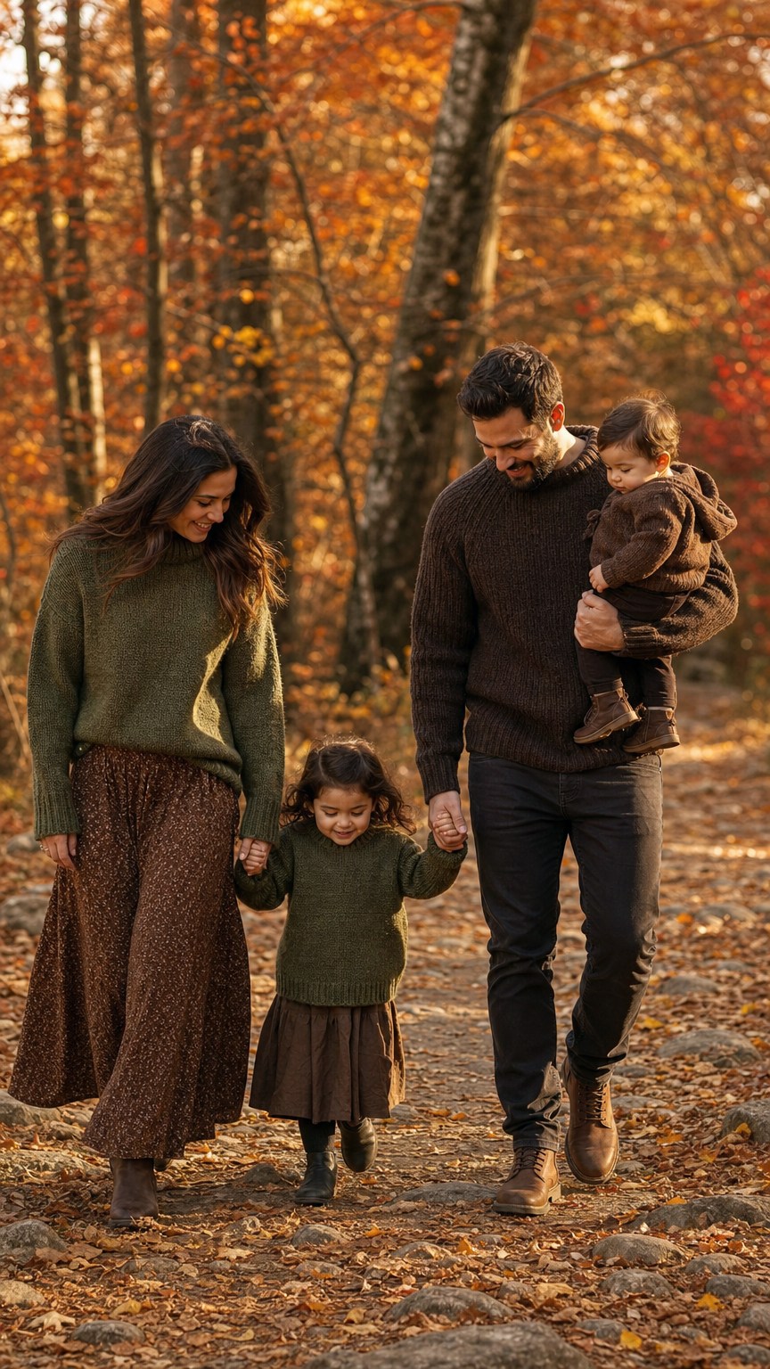 Family in chunky olive and chocolate knit sweaters walking a forest path in autumn light