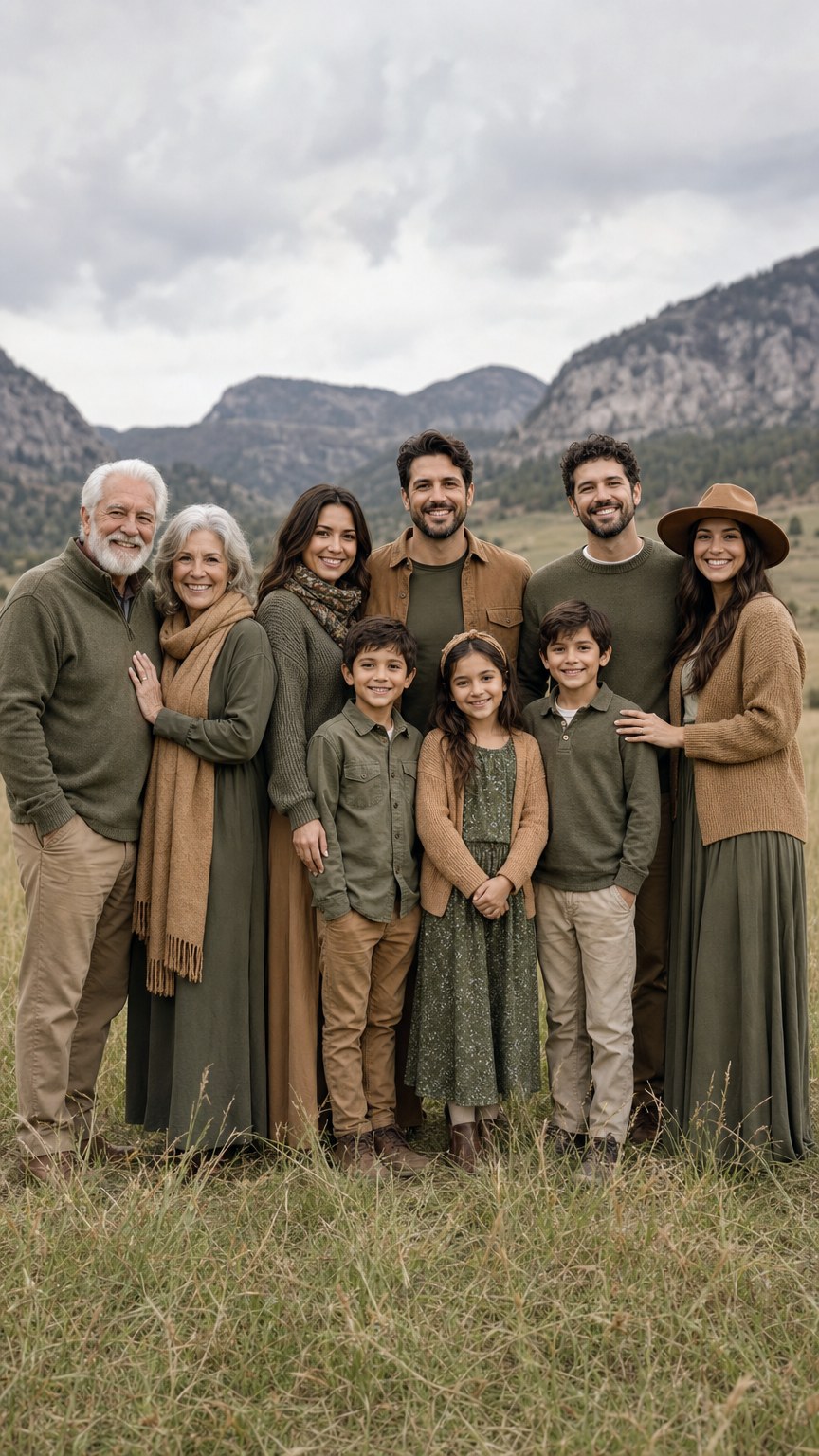 Large extended family of eight in a shared olive and camel earth tone palette outdoors
