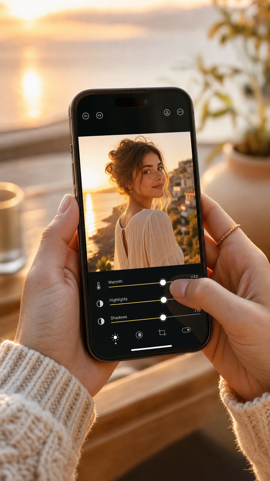 Hands editing a warm sunset photo on iPhone with warmth and highlight sliders open