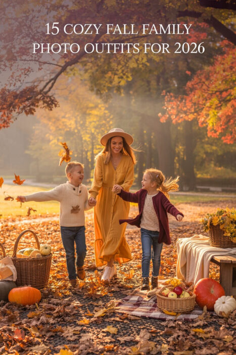 Fall family photo outfits 2026 &ndash; cozy neutral sweaters, boots, plaid blanket, and flowy dresses in golden autumn scenery. Perfect family photography outfit inspiration for fall photo shoots.