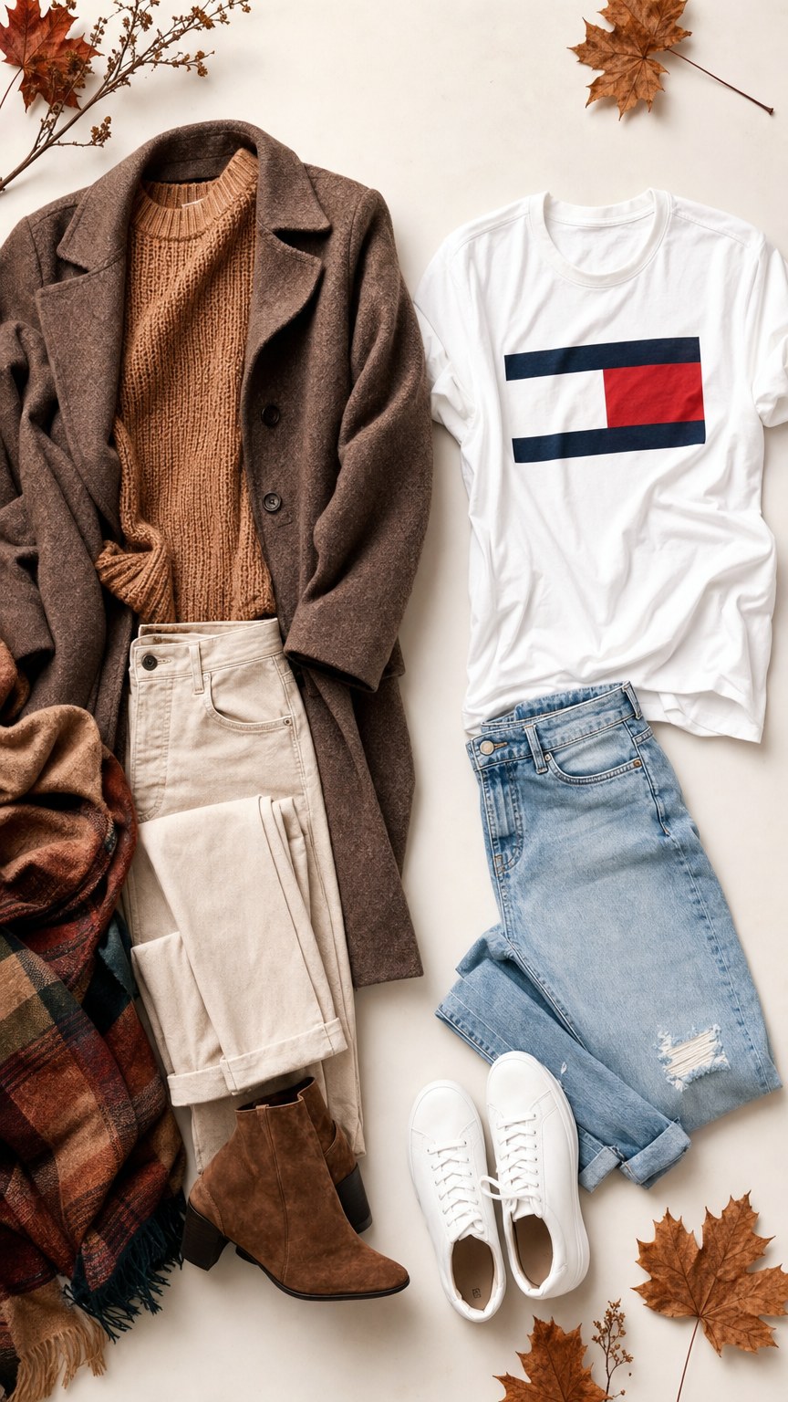 Fall outfit comparison flat lay of muted warm tones versus a bright logo tee and white sneakers