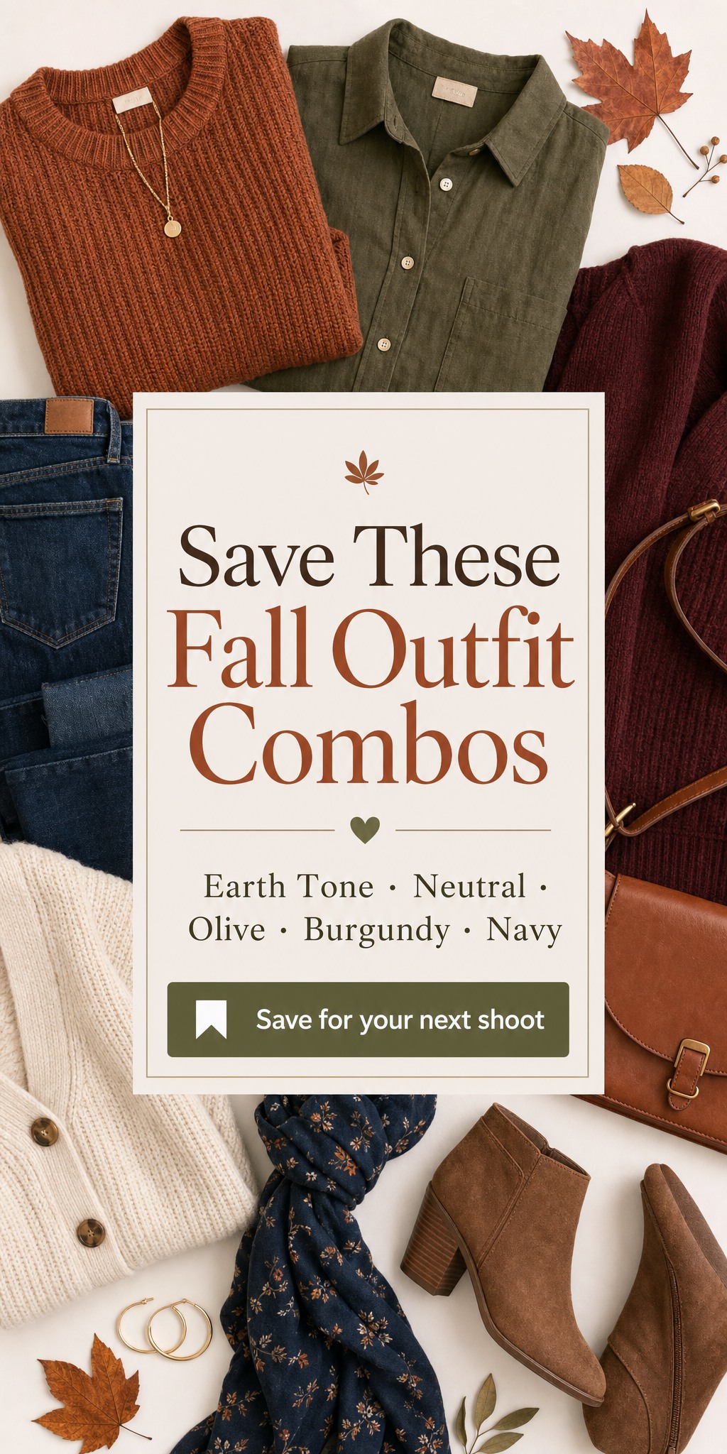 Flat lay of fall family outfit pieces in rust, olive, navy and cream on warm white, save pin